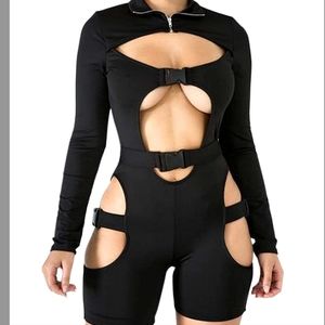 Long-sleeved bodycon jumpsuit with buckles - purple short